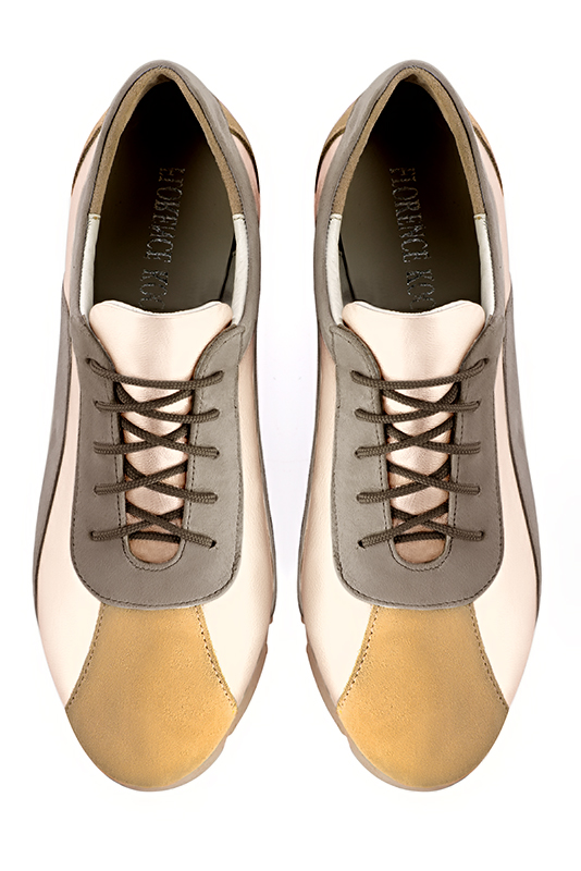 Mustard yellow, gold and pebble grey women's three-tone elegant sneakers. Round toe. Flat rubber soles. Top view - Florence KOOIJMAN